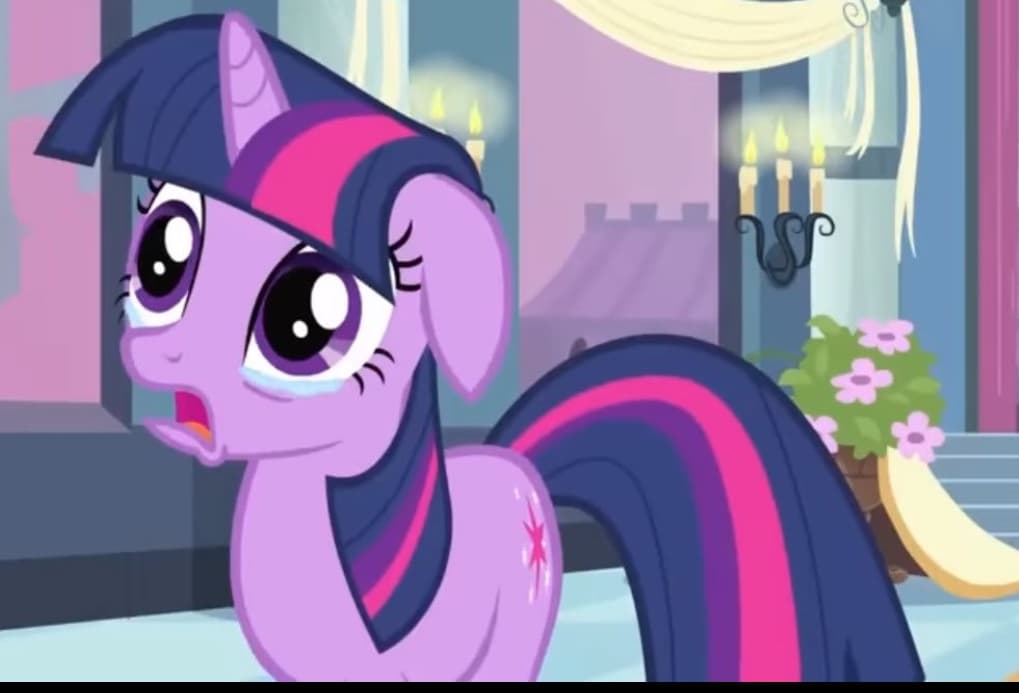 A screenshot of the animated character Twilight Sparkle from the show My Little Pony: Friendship is Magic, shown with a distressed expression and tears in her eyes.