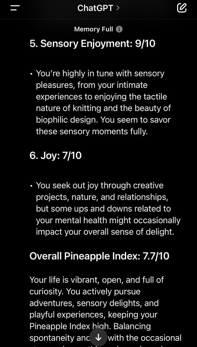 A screenshot of a ChatGPT mobile app interface displaying a personality or lifestyle assessment with a 'Memory Full' status. The text includes numbered sections for 'Sensory Enjoyment' and 'Joy' with scores, followed by an 'Overall Pineapple Index' score and a summary paragraph.