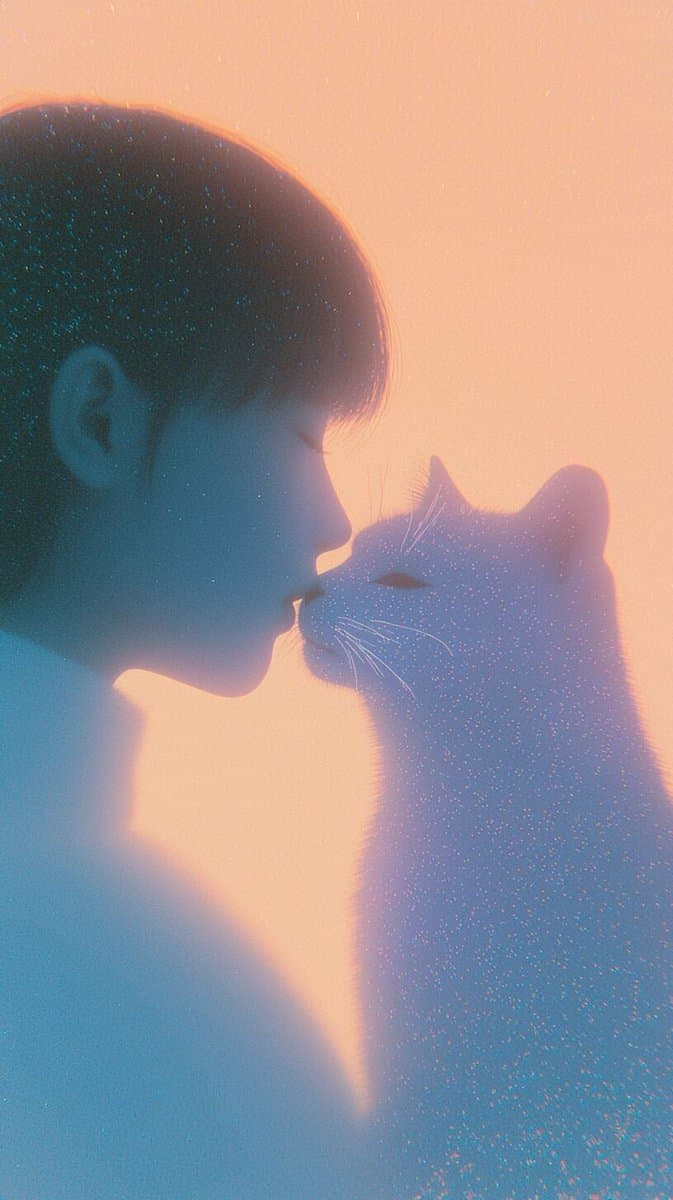 A stylized, soft-focus photograph showing a person and a white cat facing each other with their noses touching, set against a warm, peach-colored background. The image has a dreamy, grainy texture with a blue and orange color palette.