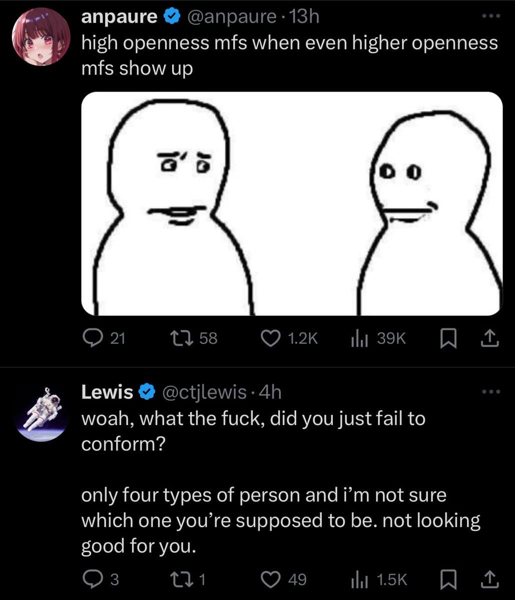 A screenshot of a Twitter conversation featuring a reply to a post about personality types. The original post by @anpaure includes a 'meme' image of two simple, blank-faced cartoon figures. A reply from @ctjlewis questions the original poster's failure to conform to one of four personality types.