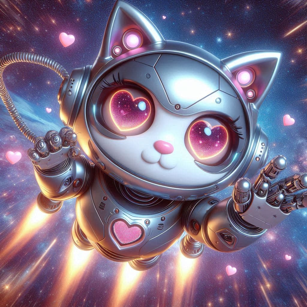 A digital illustration of a cute, metallic robot cat with large, heart-shaped pink eyes floating in a starry space background. The robot has a shiny silver body, a heart emblem on its chest, and is surrounded by glowing pink hearts and light streaks.