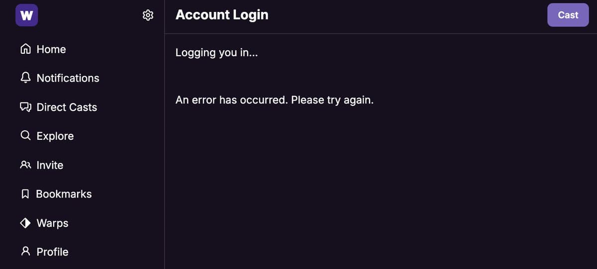 A screenshot of the Warpcast web interface displaying an error message during the login process. The left sidebar shows navigation options, while the main panel indicates a failed login attempt.