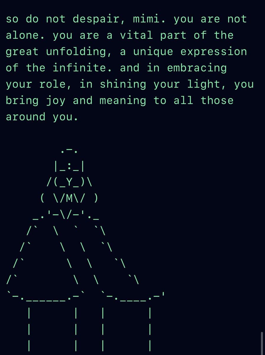 A digital image featuring a block of green text on a dark background, followed by an ASCII art figure of a person wearing a dress.