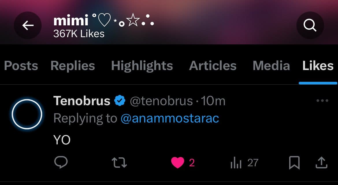 A screenshot of a Twitter profile's 'Likes' tab, showing a single liked post. The profile is 'mimi' with 367K Likes. The displayed post is a reply from user 'Tenobrus' (@tenobrus) to '@anammostarac', containing only the word 'YO'.
