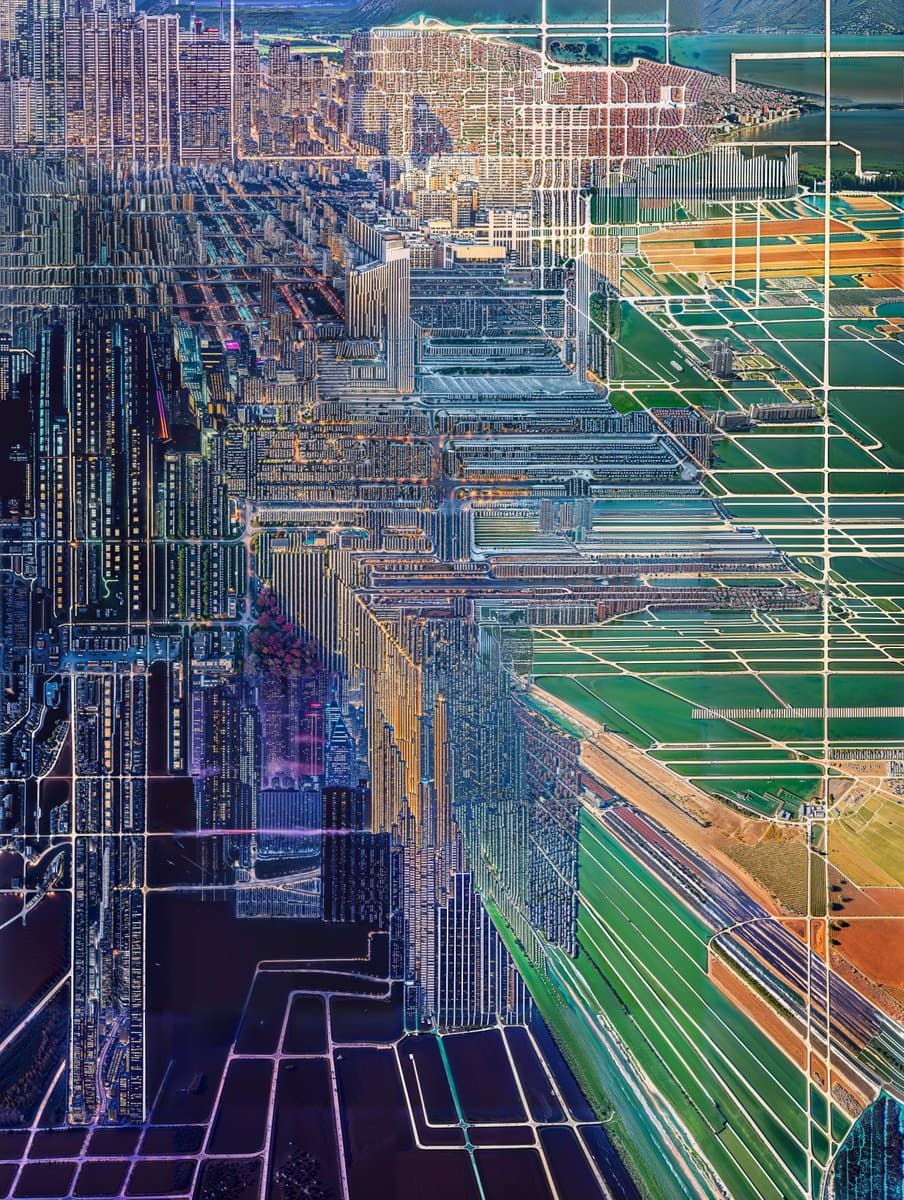A high-angle aerial photograph showing a dense urban grid with numerous high-rise buildings transitioning into a vast, organized agricultural landscape with rectangular green and brown fields.