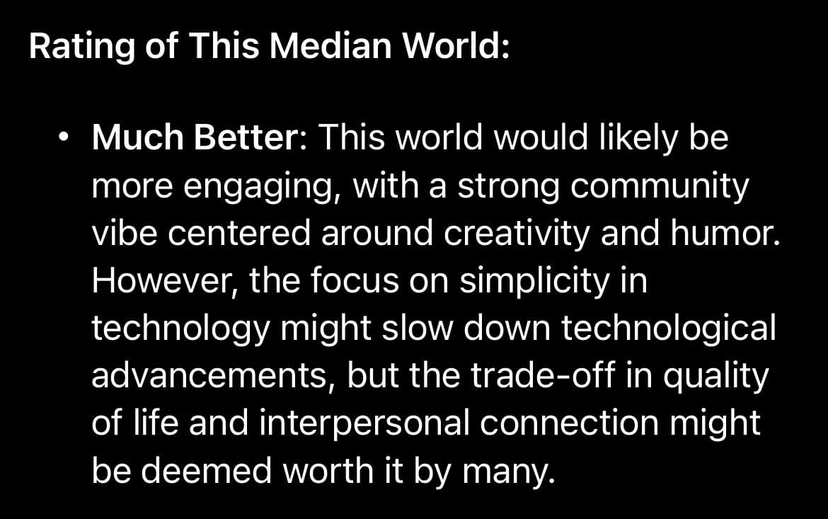 A text-based image on a black background displaying a rating and description of a hypothetical 'Median World.'