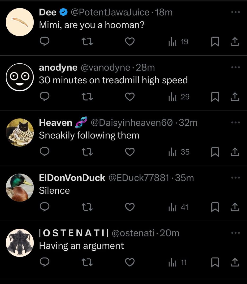 A screenshot of a Twitter thread showing a list of five replies to a tweet. The replies are short, humorous, and somewhat nonsensical, from various users with different profile pictures (a worm, a smiley face, a cat, a duck, and a dog).