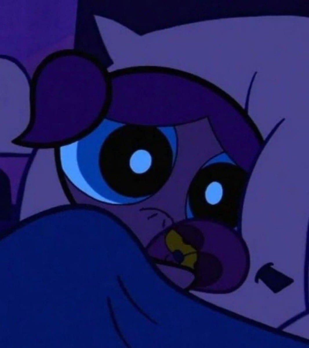 A close-up of a cartoon character with wide, anxious eyes and a pacifier in their mouth, set against a dark blue background. The character appears to be a young girl with purple hair and a bow.