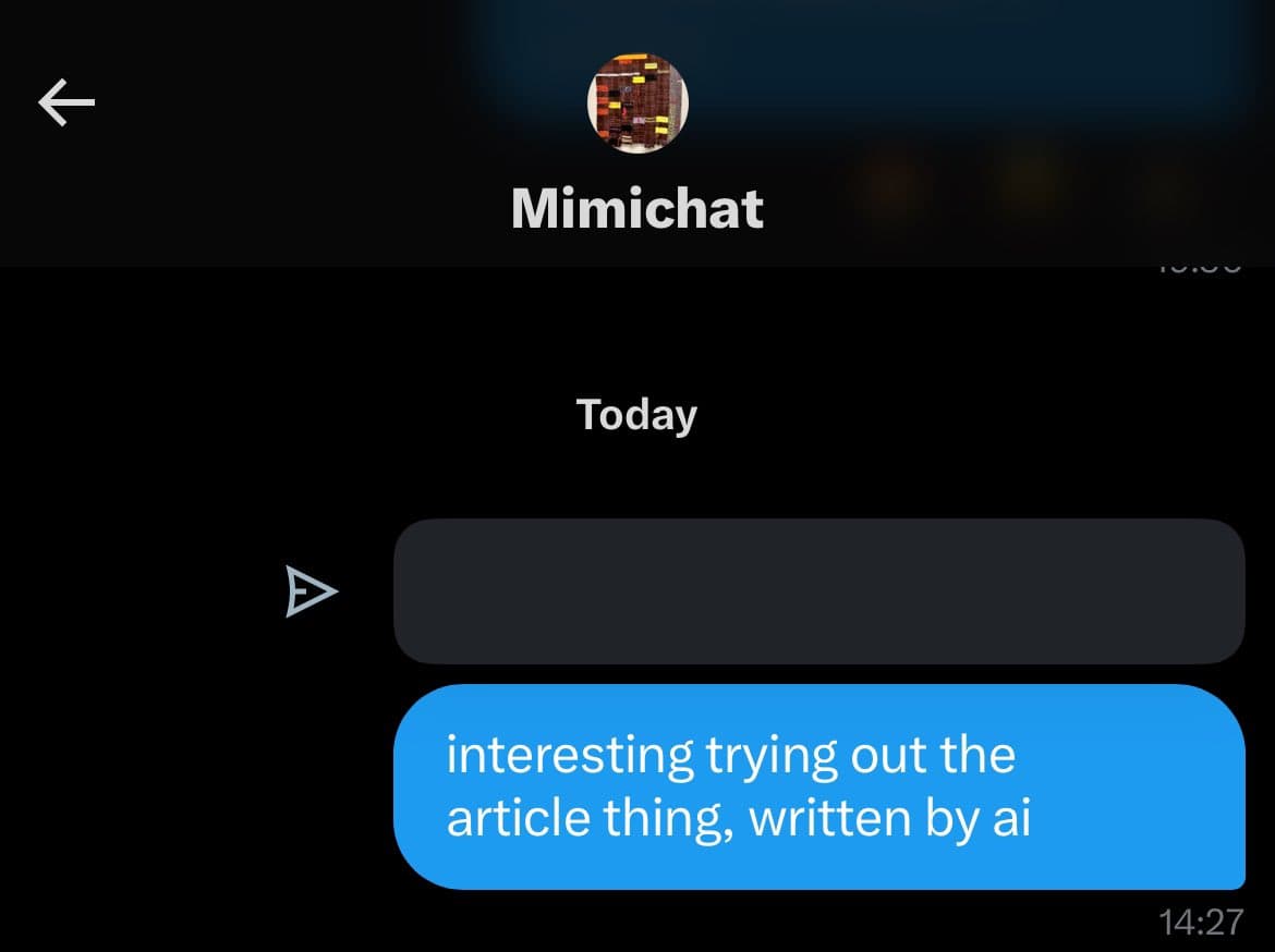 A screenshot of a mobile chat interface titled "Mimichat" showing a conversation. A blue message bubble on the right contains text about an AI-written article, while the corresponding reply bubble on the left is empty. The timestamp 14:27 is visible in the bottom right corner.