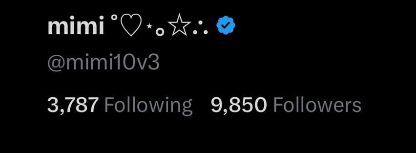 A screenshot of a Twitter profile header showing the user's display name, handle, and follower counts. The display name is 'mimi °♡*。☆:。' with a blue verified checkmark, the handle is '@mimi10v3', and the stats show 3,787 Following and 9,850 Followers.