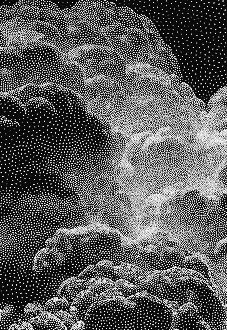 A black and white silkscreen print depicting a dramatic sky filled with billowing clouds, rendered in a halftone dot pattern.