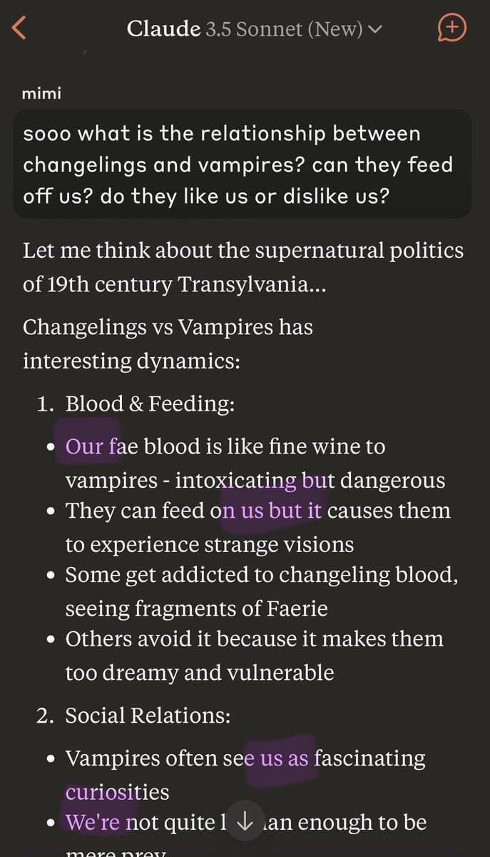 A screenshot of a chat interface with the AI model 'Claude 3.5 Sonnet (New)'. The user, 'mimi', asks about the relationship between changelings and vampires. The AI responds with a detailed breakdown of 'supernatural politics', using first-person plural pronouns like 'our fae' and 'we're' to describe the changelings.