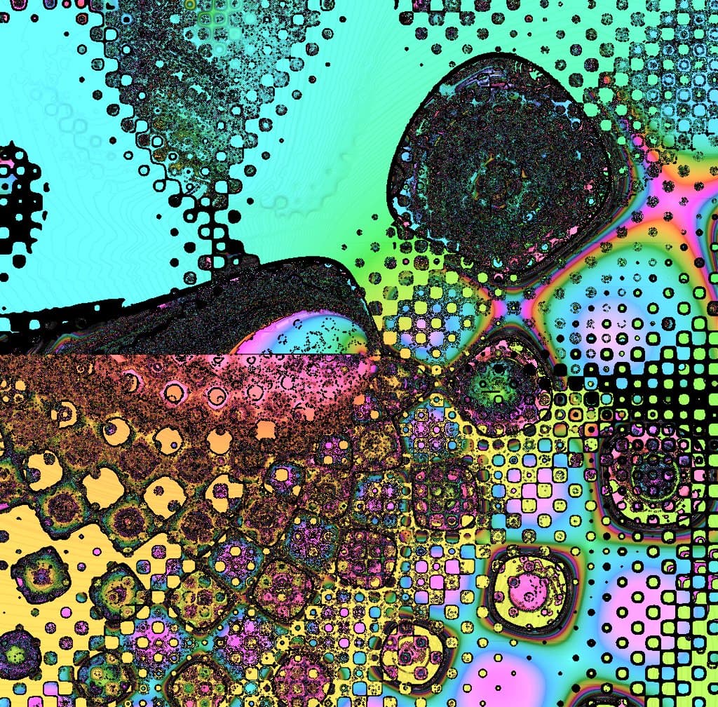 A vibrant, abstract digital artwork featuring a complex, psychedelic pattern of geometric shapes, dots, and organic forms in bright neon colors like cyan, green, pink, and yellow. The image has a glitch-art or fractal aesthetic with no legible text or identifiable subjects.