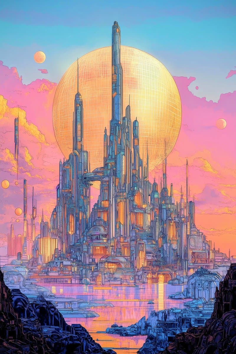 A vibrant, retro-futuristic digital illustration of a sprawling sci-fi city with tall, intricate skyscrapers set against a large, glowing sun and a pastel pink and blue sky. The scene is reflected in a body of water in the foreground, framed by dark rocky outcrops.
