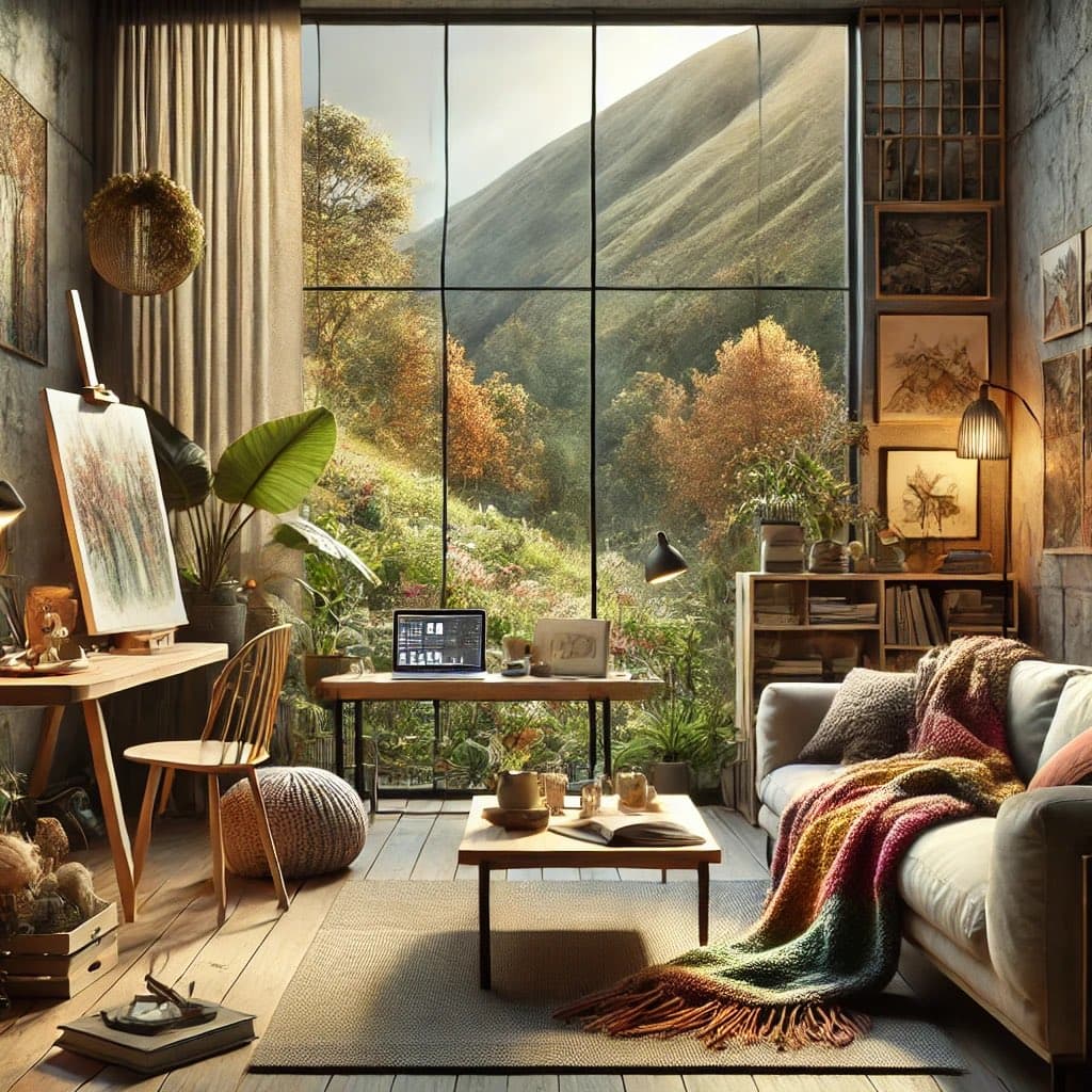 A digital illustration of a cozy, bohemian-style living room featuring an easel, a laptop, a sofa with a colorful blanket, and a large window overlooking a mountain landscape. The room is filled with houseplants, books, and art supplies, creating a warm and creative atmosphere.