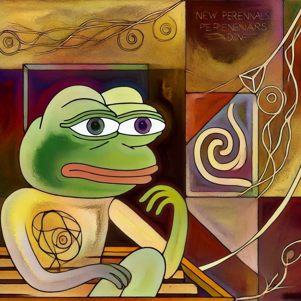 A digital illustration featuring the Pepe the Frog meme character sitting in a contemplative pose against a background of abstract, stained-glass-like panels and swirling line art.