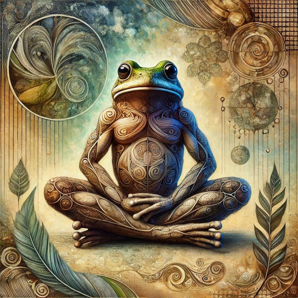 A surreal, AI-generated digital artwork depicting a humanoid frog with intricate, swirling patterns on its skin, sitting in a meditative lotus position. The background features abstract circular motifs, leaves, and a textured, earthy color palette.