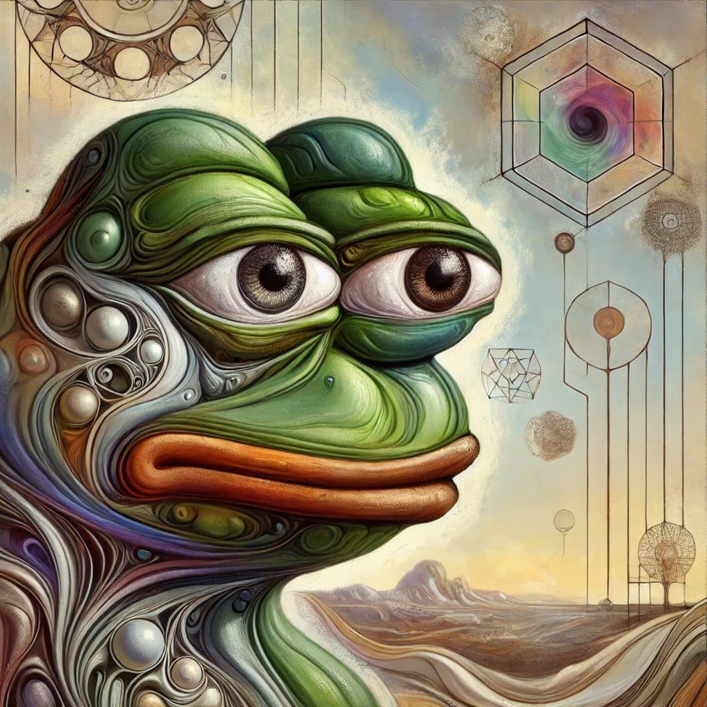 A surreal, AI-generated digital painting of a green frog-like character with large, detailed human eyes and a thick orange mouth, set against a background of abstract geometric shapes and a desert landscape.