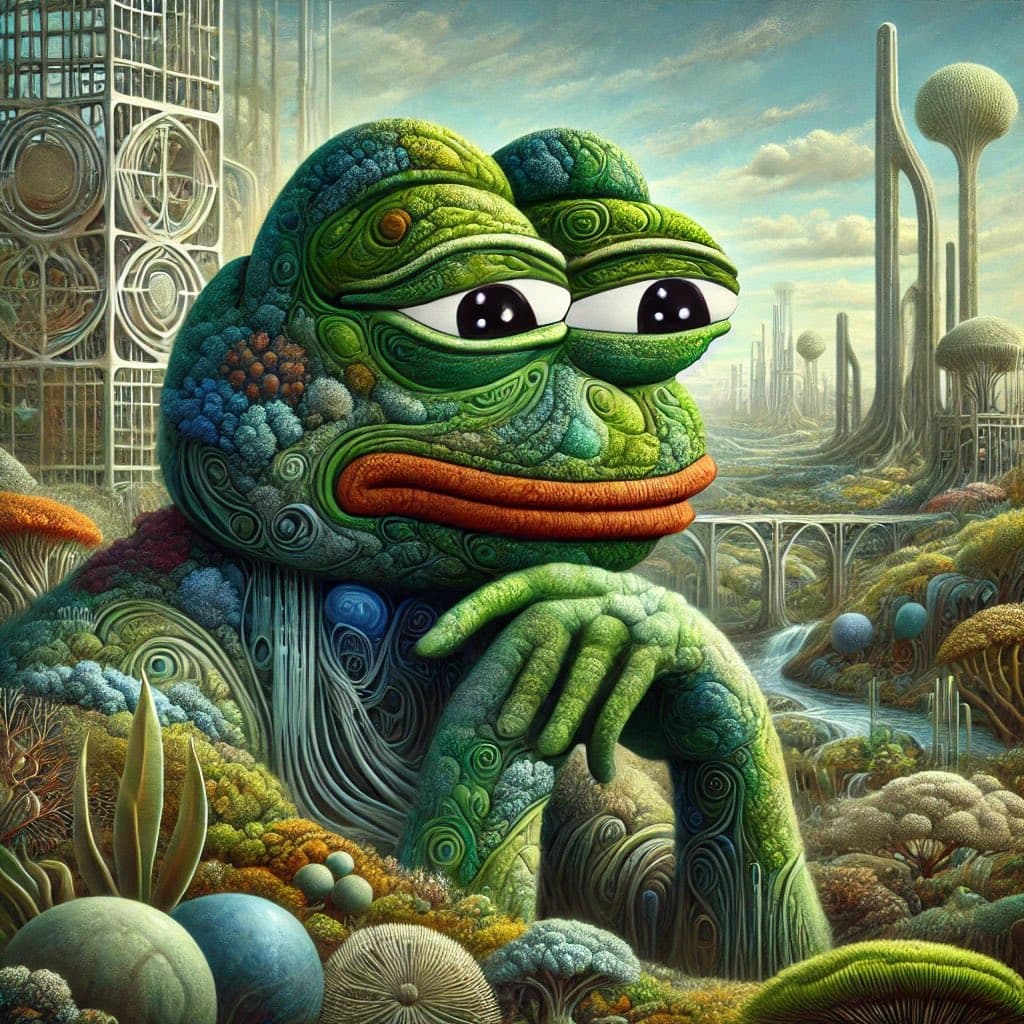 A surreal digital artwork depicting a large, textured green frog-like creature with a thoughtful expression, resting its chin on its hand in a futuristic landscape. The background features stylized, organic-looking skyscrapers and a bridge over a river, rendered in a vibrant, painterly style.