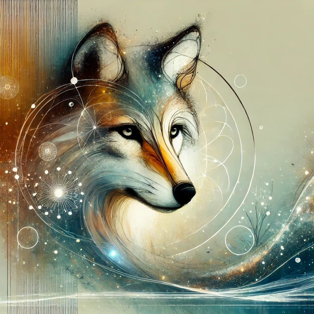A digital art illustration of a fox's head in profile, rendered in a soft, ethereal style with swirling lines, glowing particles, and a cosmic background. The fox has orange and white fur with a black nose, set against a backdrop of abstract circles and star-like dots.