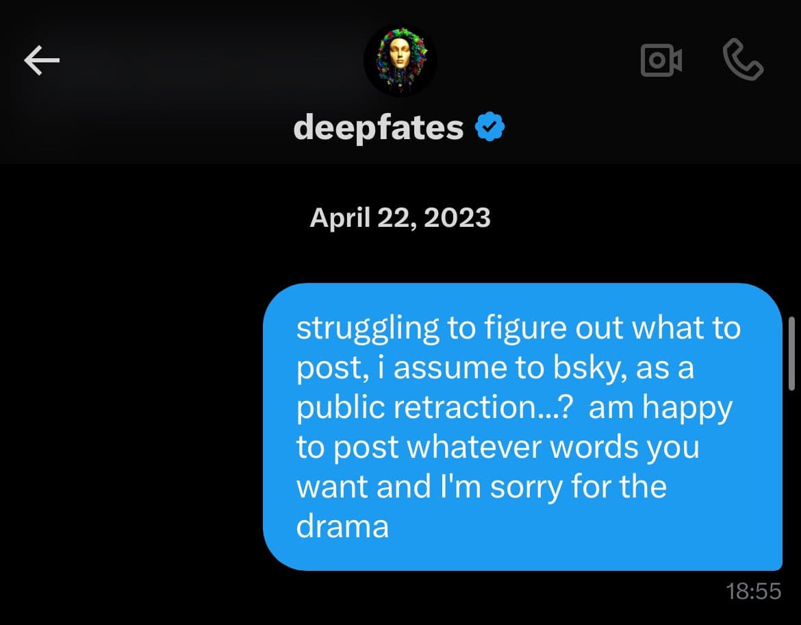 A screenshot of a direct message conversation on a social media platform, showing a message sent to a user named 'deepfates'.