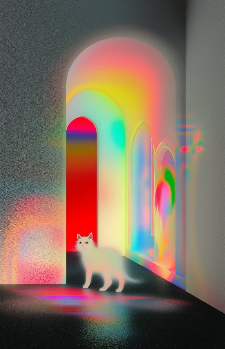 A surreal digital artwork featuring a small white cat standing on a dark floor in front of a series of glowing, rainbow-colored arched doorways.