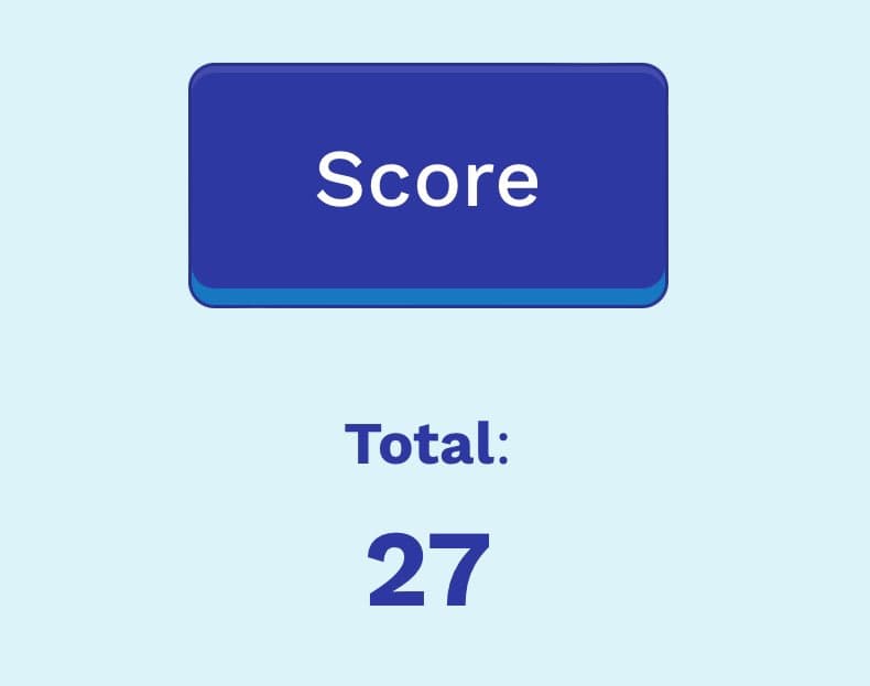 A digital graphic displaying a test result on a light blue background. A dark blue rounded rectangle at the top contains the word "Score" in white text, and below it, the text "Total: 27" is shown in dark blue.