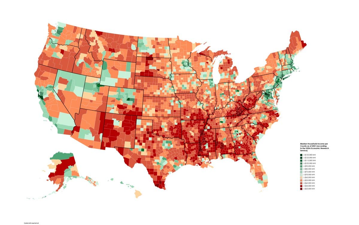 A choropleth map of the United States showing median household income by county, with colors ranging from dark green (highest income) to dark red (lowest income). A legend in the lower right corner details the income brackets.