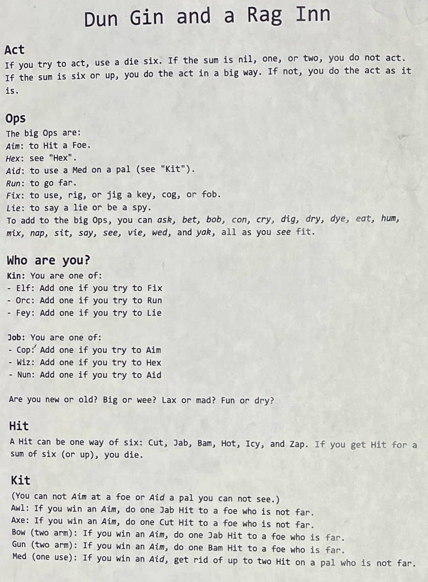 A photograph of a printed document titled "Dun Gin and a Rag Inn," which appears to be a rulebook or character sheet for a tabletop role-playing game. The text is organized into sections with bold headers such as "Act," "Ops," "Who are you?," "Hit," and "Kit," detailing game mechanics and character options.
