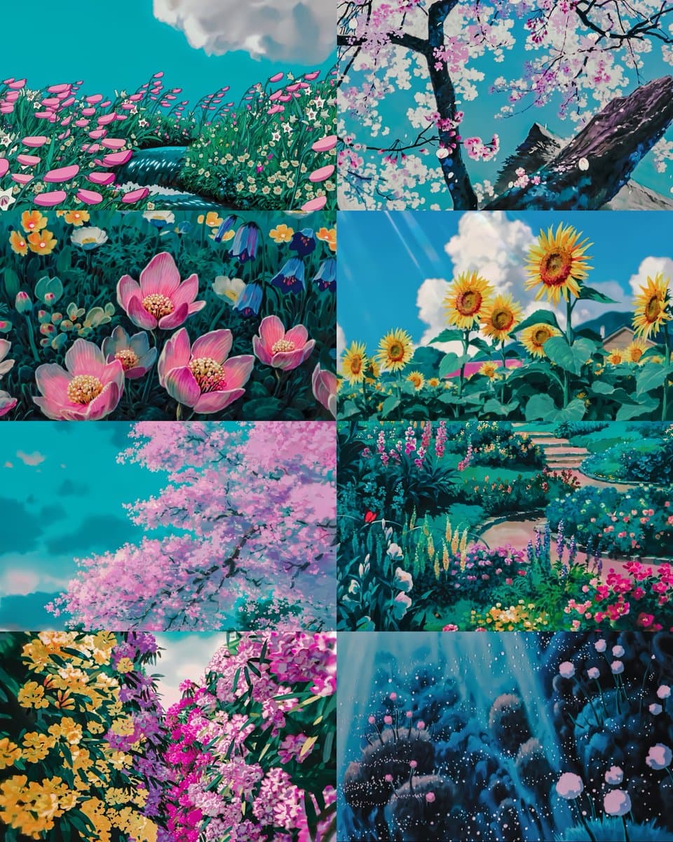 A collage of eight animated illustrations depicting various flowers and nature scenes in the style of Studio Ghibli, including cherry blossoms, sunflowers, and wildflower fields. The images feature vibrant colors and detailed botanical elements set against blue skies and lush greenery.