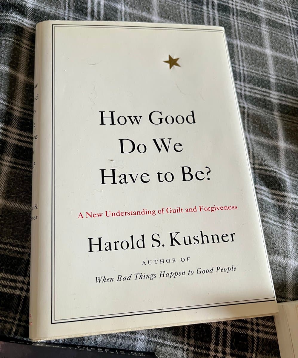 A photograph of a white hardcover book titled "How Good Do We Have to Be?" by Harold S. Kushner, resting on a plaid fabric surface.