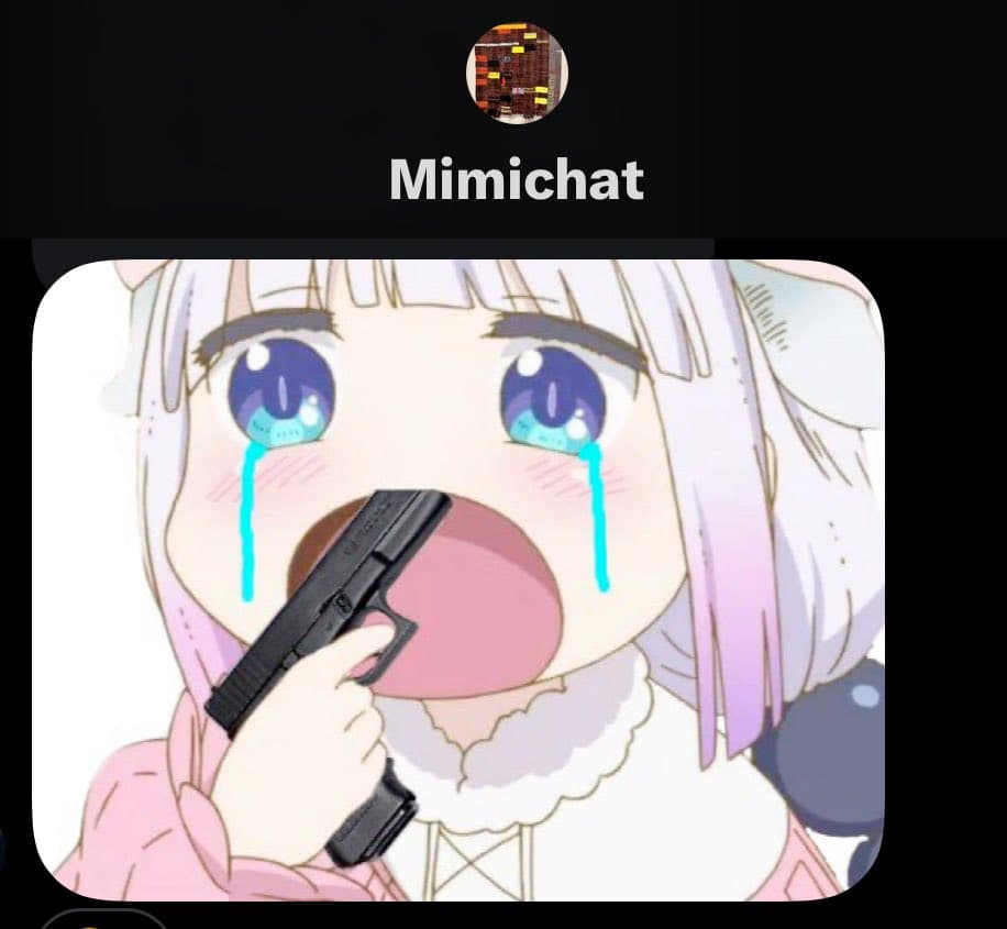 A screenshot of a Twitter post from the account "Mimichat" featuring a popular anime-style meme. The image shows a crying, wide-eyed anime girl holding a black handgun to her own mouth, expressing a sense of despair or shock.