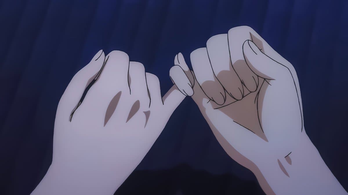 An anime-style illustration of two hands gently touching their pinky fingers in a promise gesture against a dark blue background. The image is a still frame from an animation, likely depicting a romantic or intimate moment.