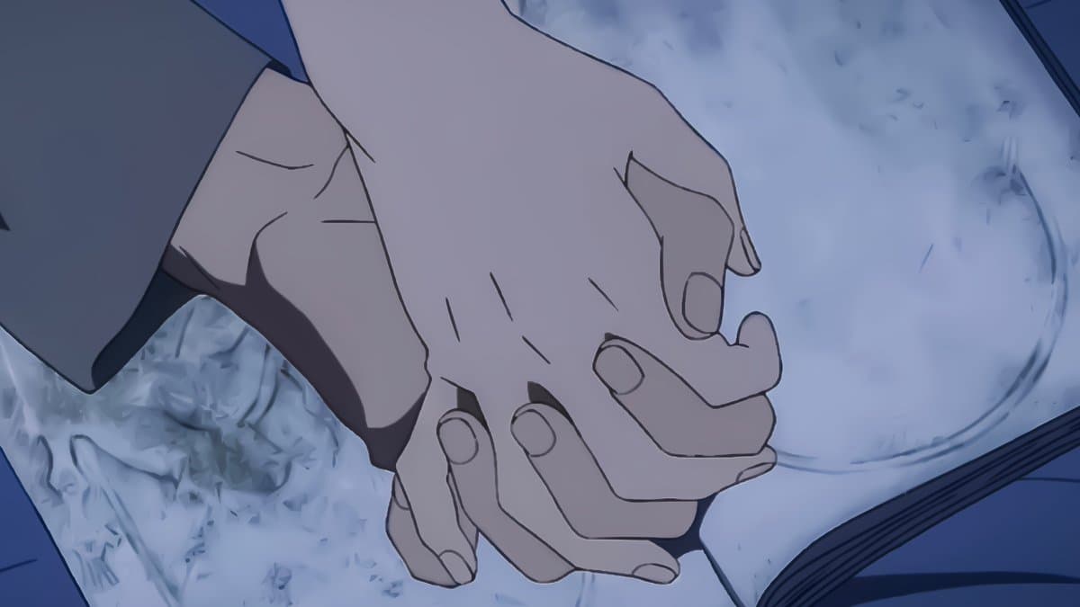 An anime-style illustration showing a close-up of two hands clasping each other tightly against a textured, light blue background.