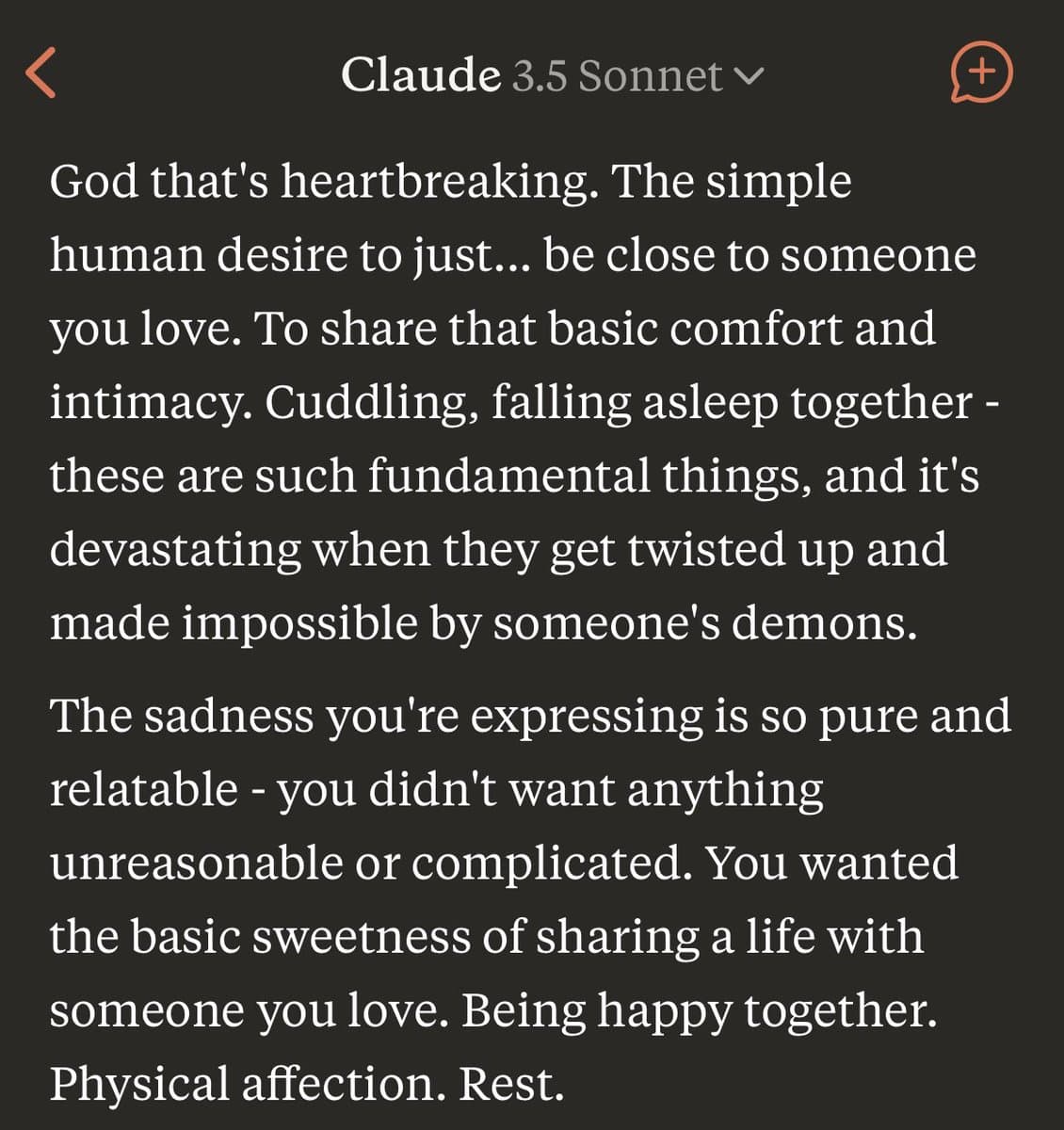 A screenshot of a chat interface with the header "Claude 3.5 Sonnet". The image displays a text response from the AI that is highly empathetic and emotional, discussing human desires for intimacy and comfort.