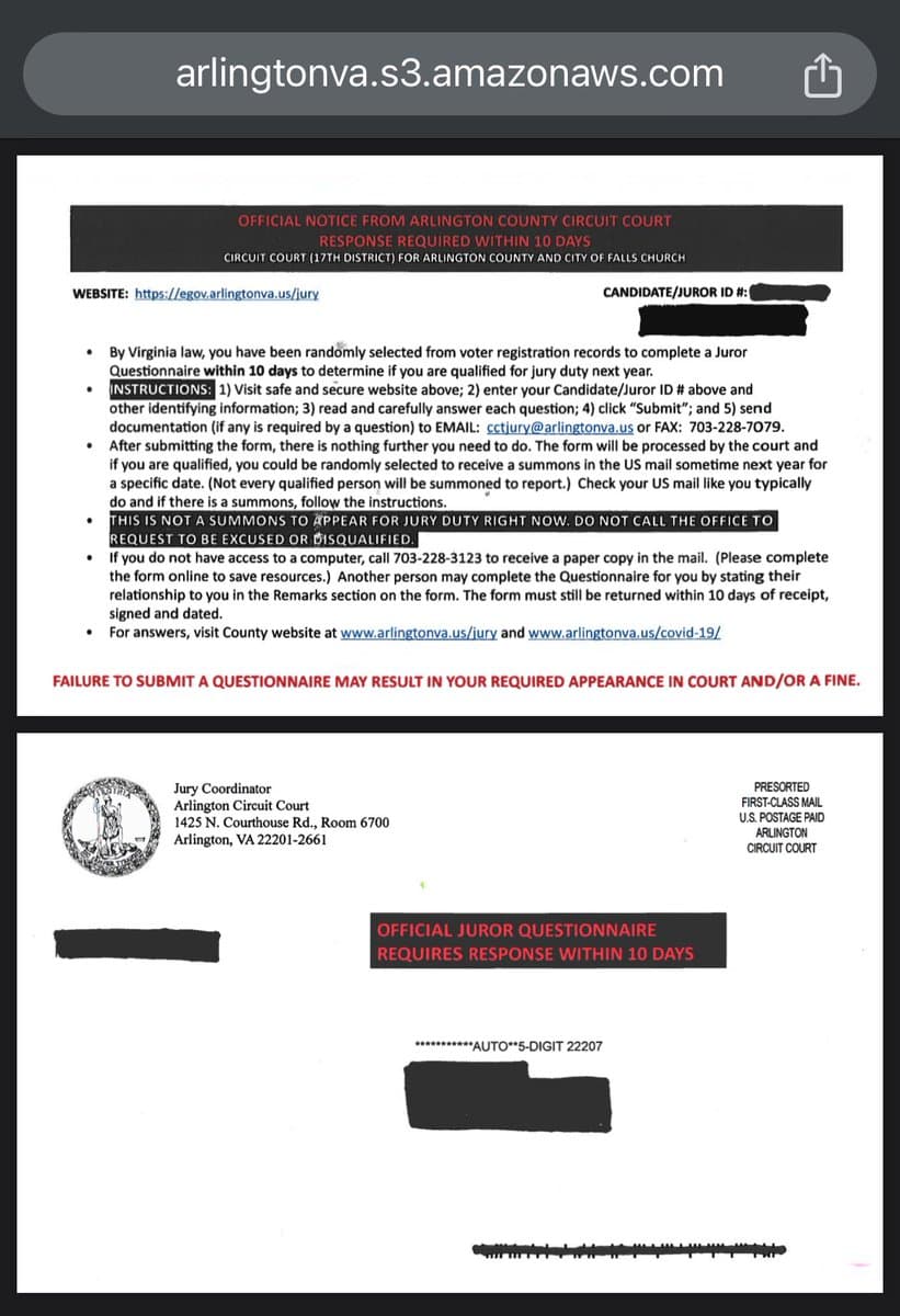 A screenshot of a web browser displaying an official Arlington County Circuit Court juror questionnaire notice. The document includes instructions for completing the form online, a warning that failure to submit may result in a fine, and a second section titled 'OFFICIAL JUROR QUESTIONNAIRE' with redacted personal information.