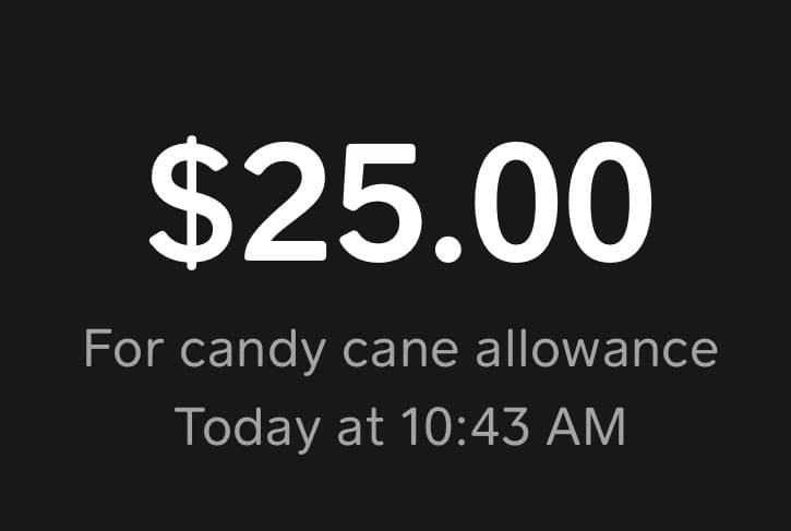 A screenshot of a digital payment or transfer notification on a dark background. The image displays a monetary amount, a description, and a timestamp.