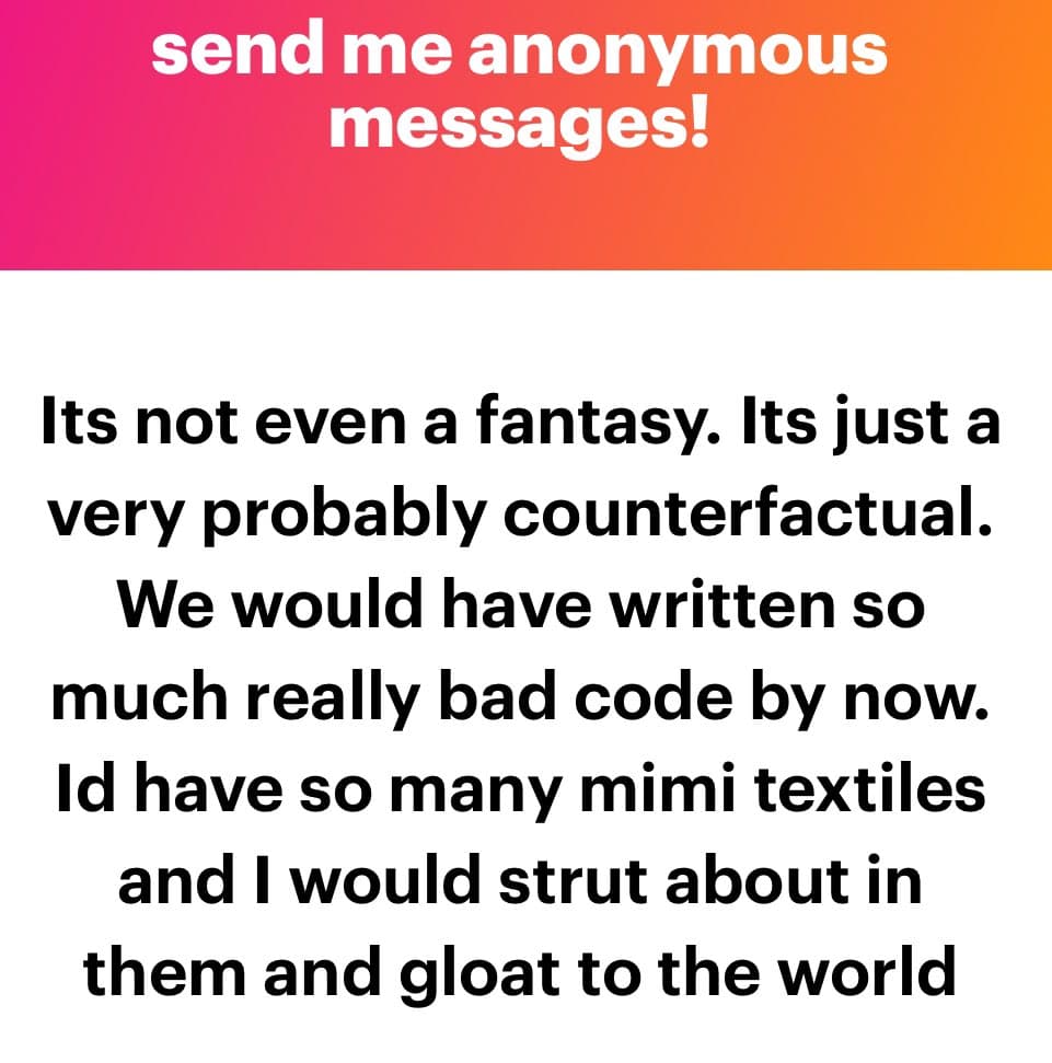 A screenshot of an anonymous message from the NGL app, featuring a pink-to-orange gradient header and a white body with black text.