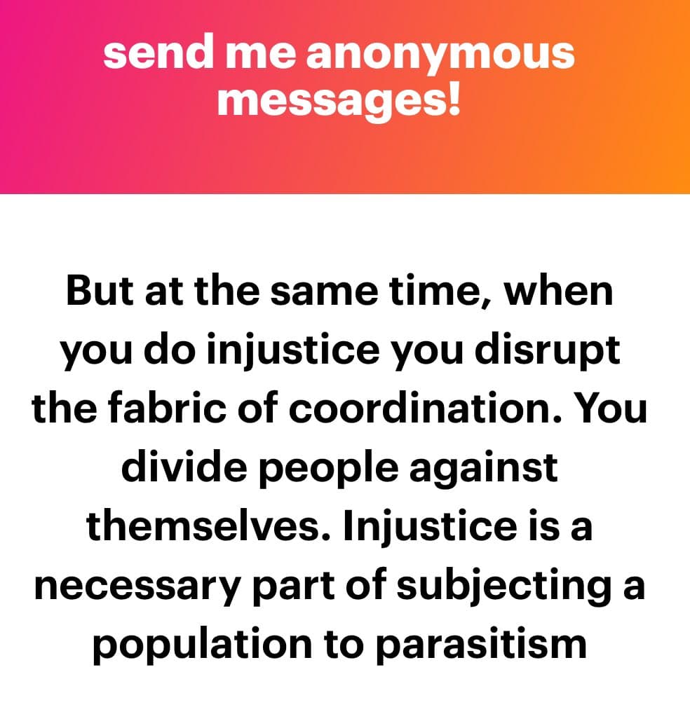 A text-based image with a pink-to-orange gradient header and a white body. The header contains a call to action, while the body contains a philosophical statement about injustice.