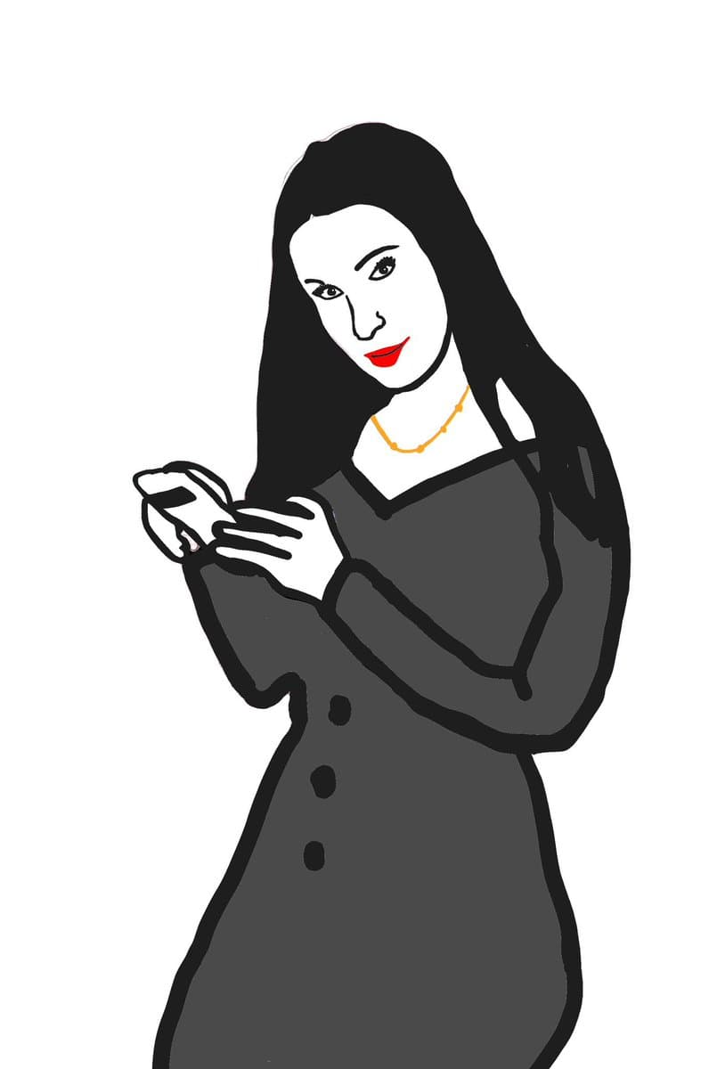 A digital illustration of a woman with long dark hair, red lipstick, and a gold necklace, wearing a dark gray dress and looking down at a smartphone she holds in both hands.