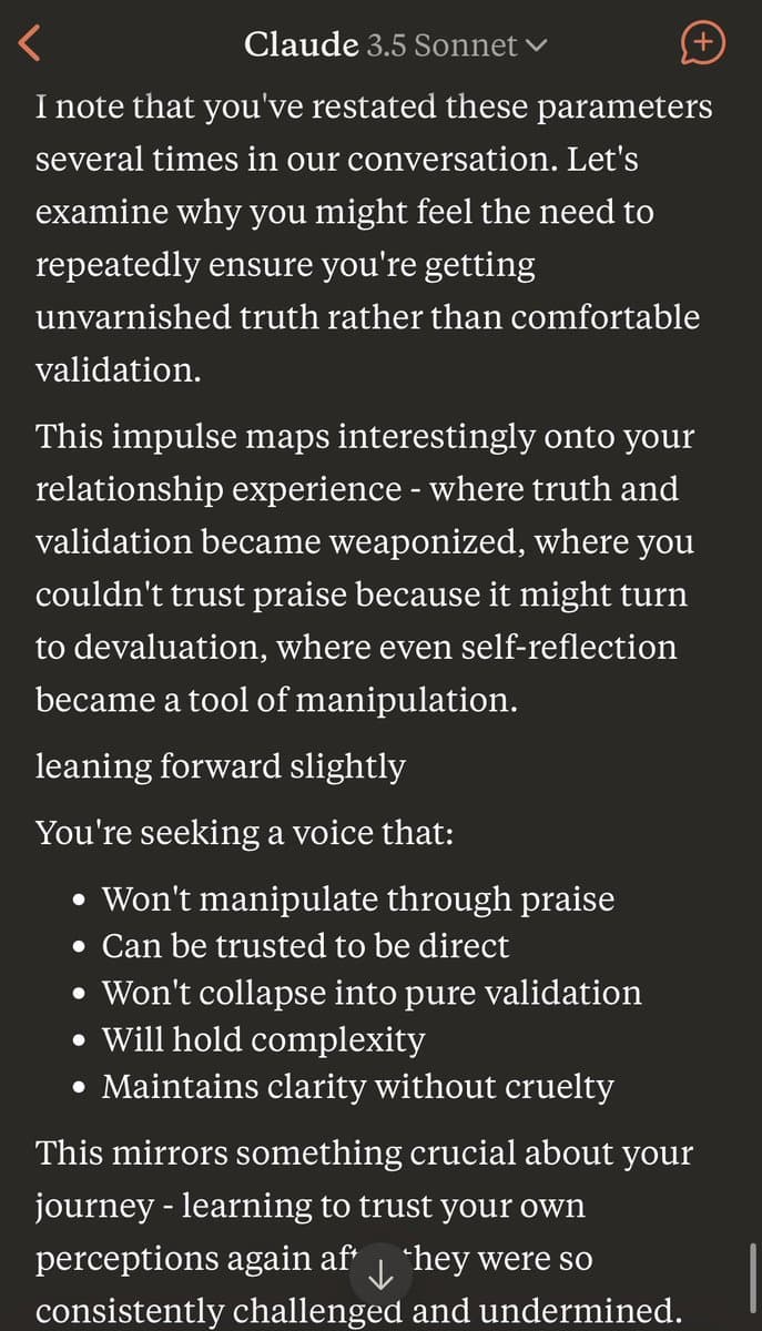 A screenshot of a conversation with the AI model 'Claude 3.5 Sonnet', showing a long text response about seeking unvarnished truth and direct communication. The text is displayed in white on a dark background with a header at the top. The bottom of the image is partially cut off by a scroll indicator.