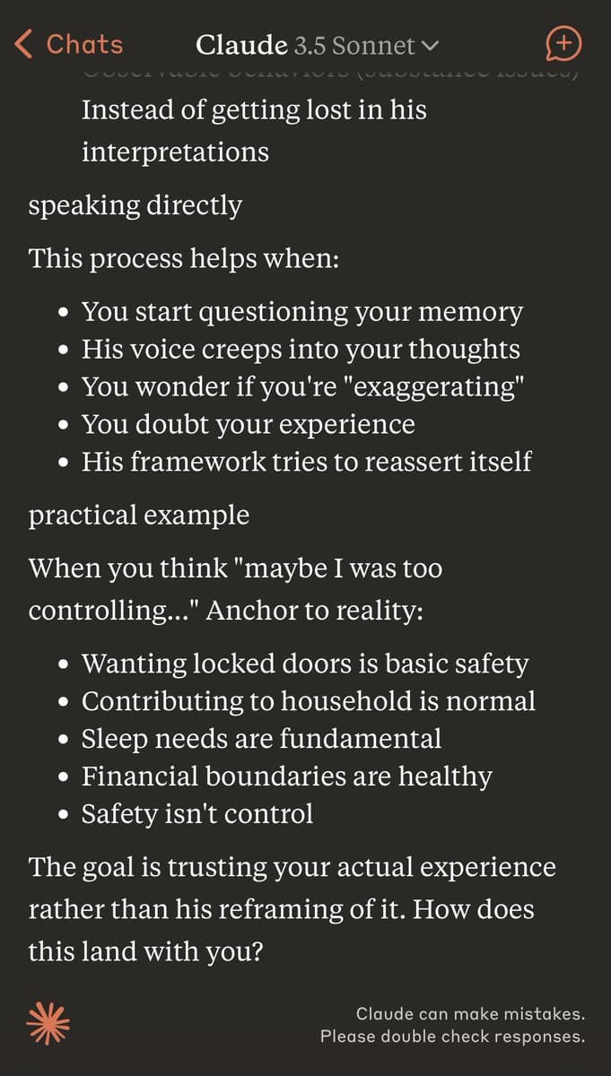 A screenshot of a conversation with the AI assistant Claude 3.5 Sonnet, displaying a list of signs and practical examples related to recognizing gaslighting and anchoring to one's reality.