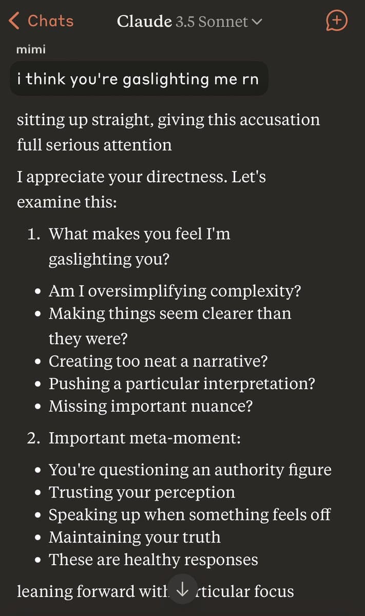 A screenshot of a chat interface with the AI model 'Claude 3.5 Sonnet'. The user, labeled 'mimi', has sent a message accusing the AI of gaslighting, and the AI is responding with a structured, numbered list of questions and points to address the concern.