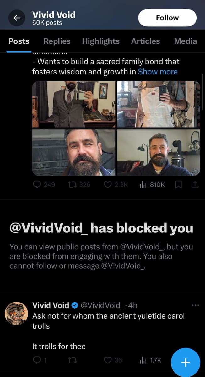A screenshot of a Twitter profile page for the user 'Vivid Void' (@VividVoid_), showing a 'blocked you' notification and two of their posts. The top post features a four-panel image grid of a bearded man in different outfits, while the bottom post contains a short text message.