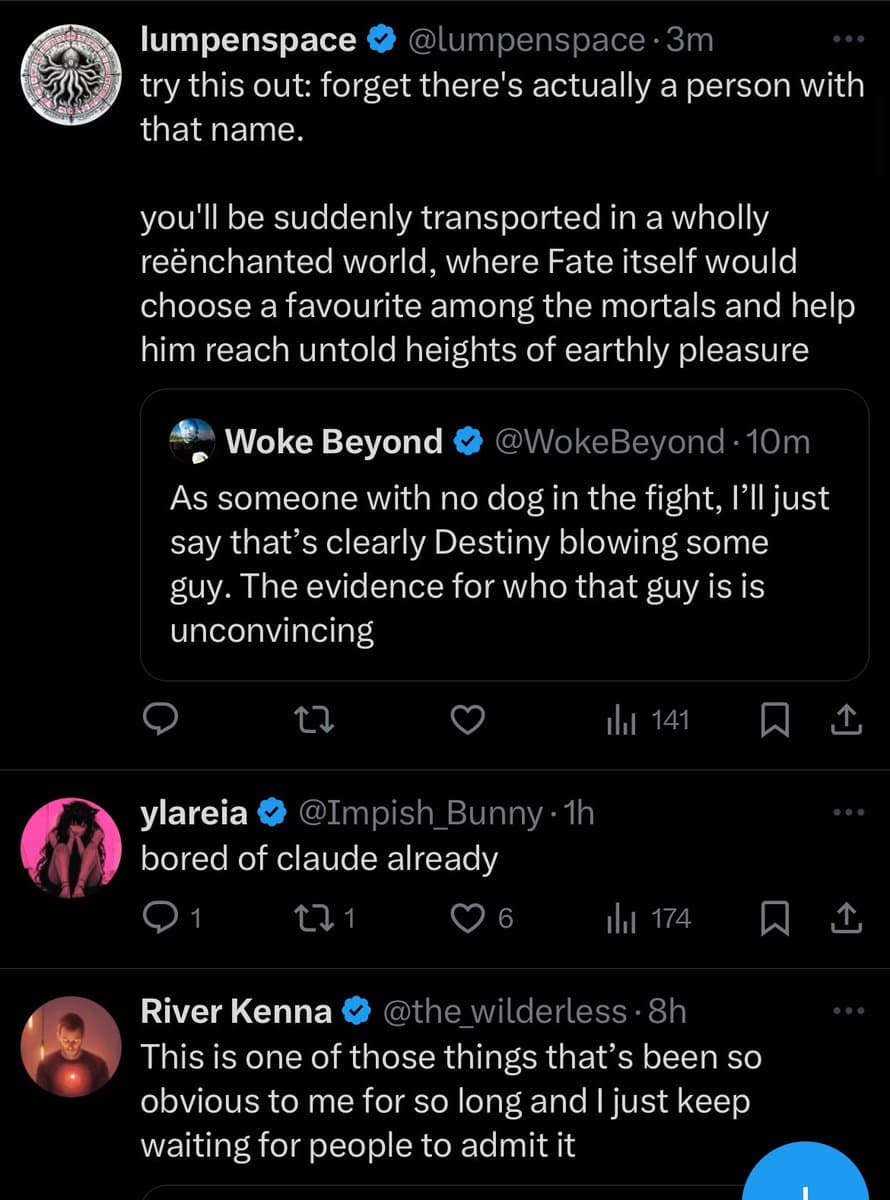 A screenshot of a Twitter/X conversation featuring a main post by user @lumpenspace and several replies. The main post includes a quote-tweet of a user named @WokeBeyond.
