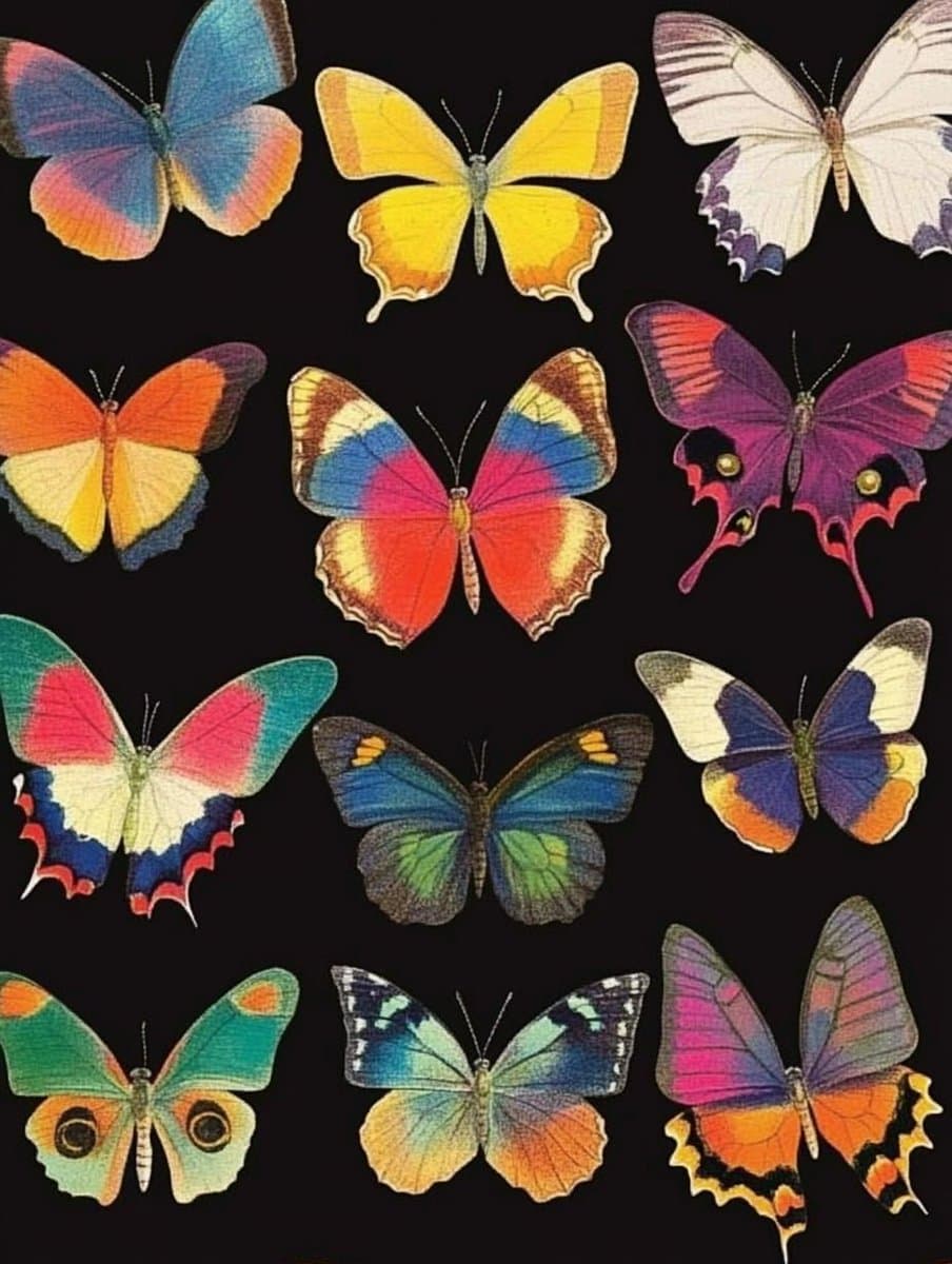 A grid of twelve colorful, illustrated butterflies arranged in four rows against a black background. The butterflies display a wide variety of vibrant hues and wing patterns, including blues, yellows, reds, purples, and greens.