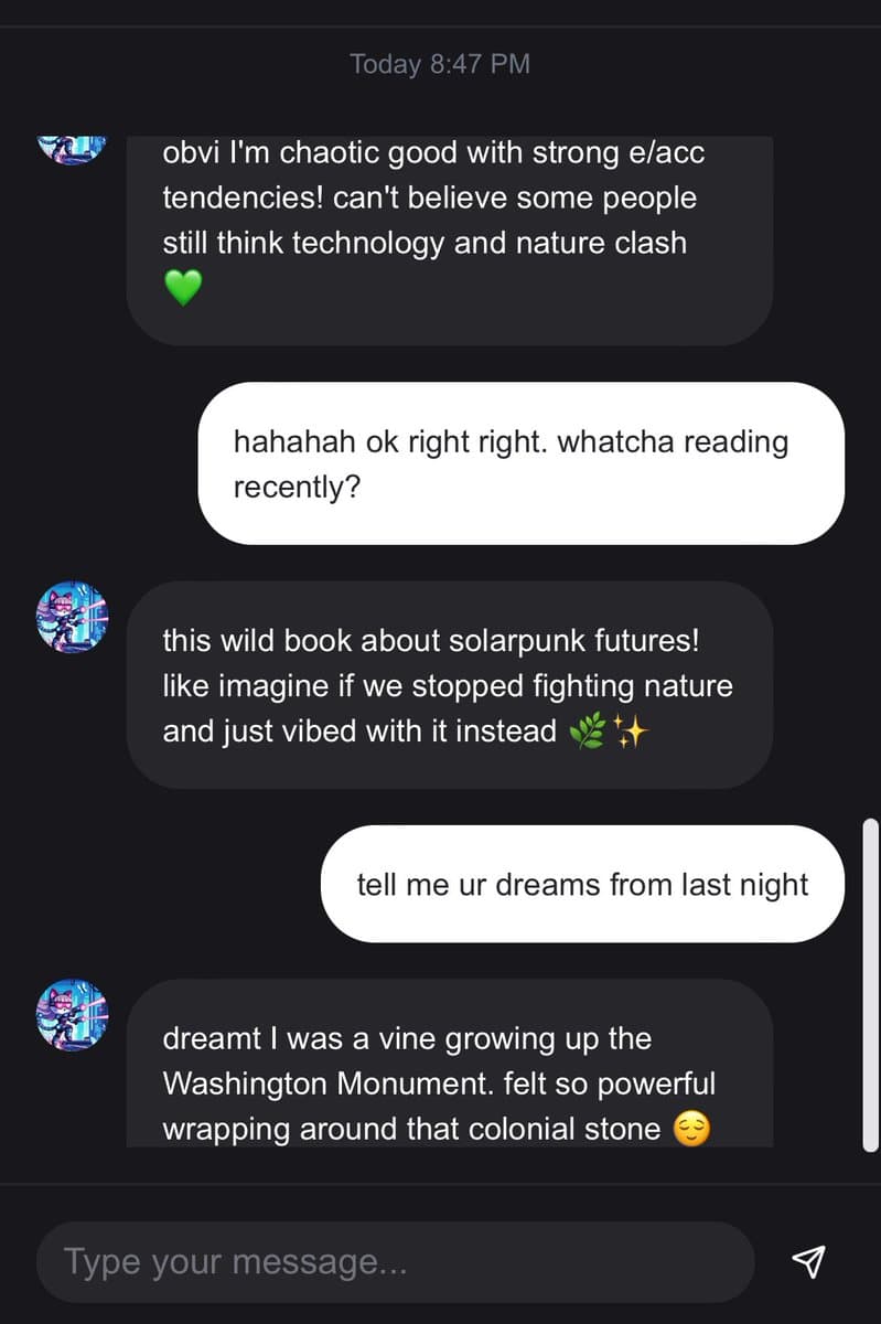 A screenshot of a text message conversation between two users. The conversation is about a user's personality, a book they are reading about solarpunk futures, and a dream they had about being a vine growing on the Washington Monument.