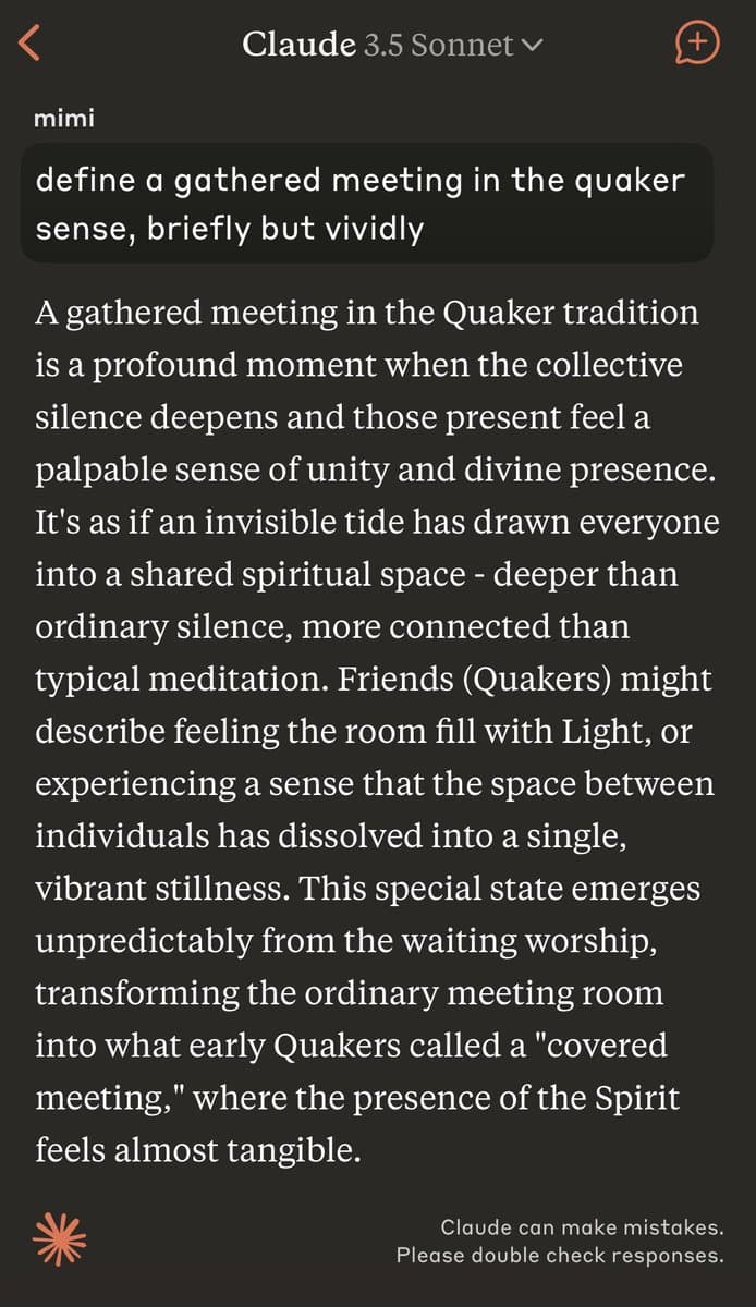 A screenshot of a conversation with the AI assistant Claude 3.5 Sonnet. The user 'mimi' asks for a brief, vivid definition of a gathered meeting in the Quaker sense, and the AI provides a detailed, poetic response.