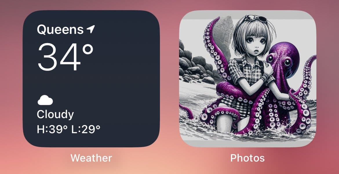 A screenshot of a smartphone home screen showing two app widgets: a weather widget on the left and a photo widget on the right. The weather widget displays the location, temperature, and conditions, while the photo widget features an illustration of a girl hugging a purple octopus in the water.