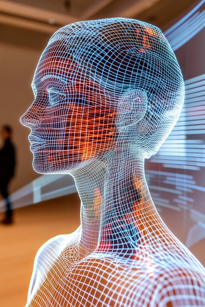 A digital 3D wireframe model of a human head and neck in profile, glowing with blue and orange light against a blurred background.